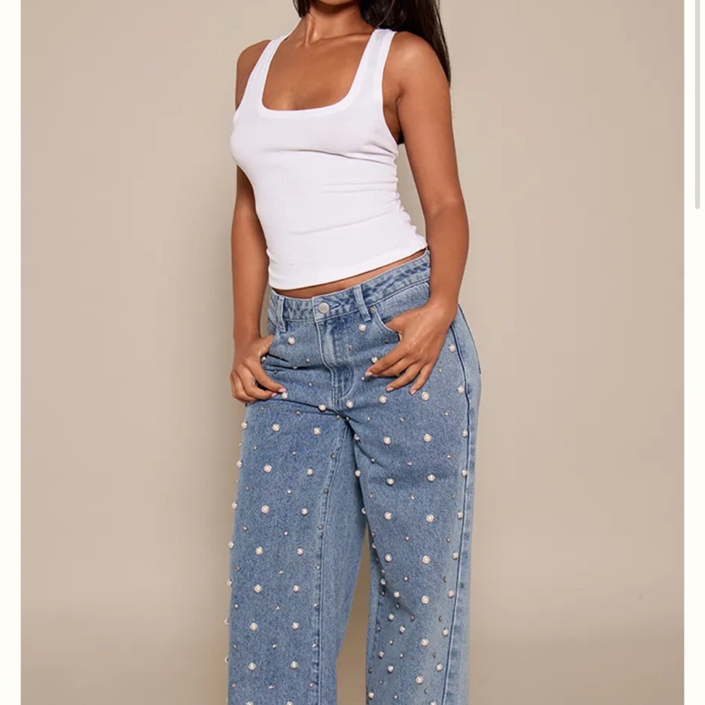 PrettyLittleThing Blue Pearl Embellished Wide Leg Jeans